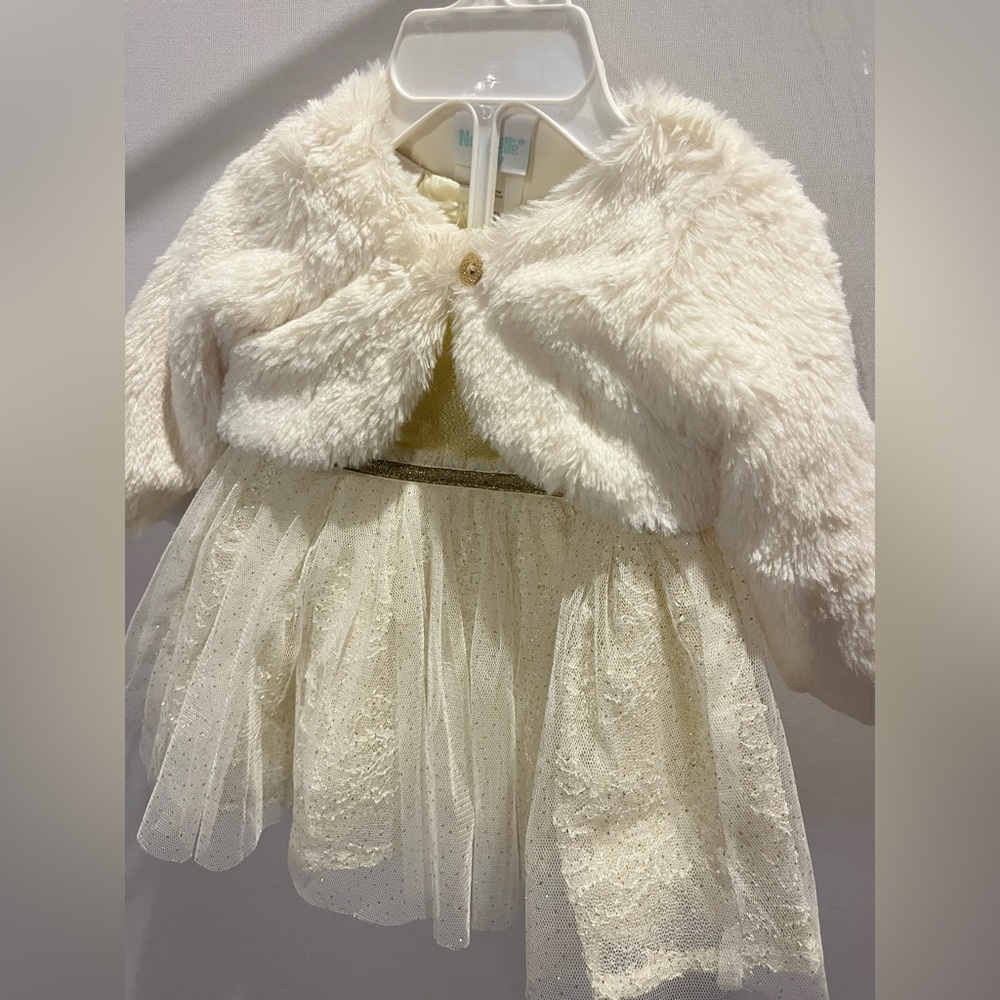 Lovely gold infant dress with faux fur shrug